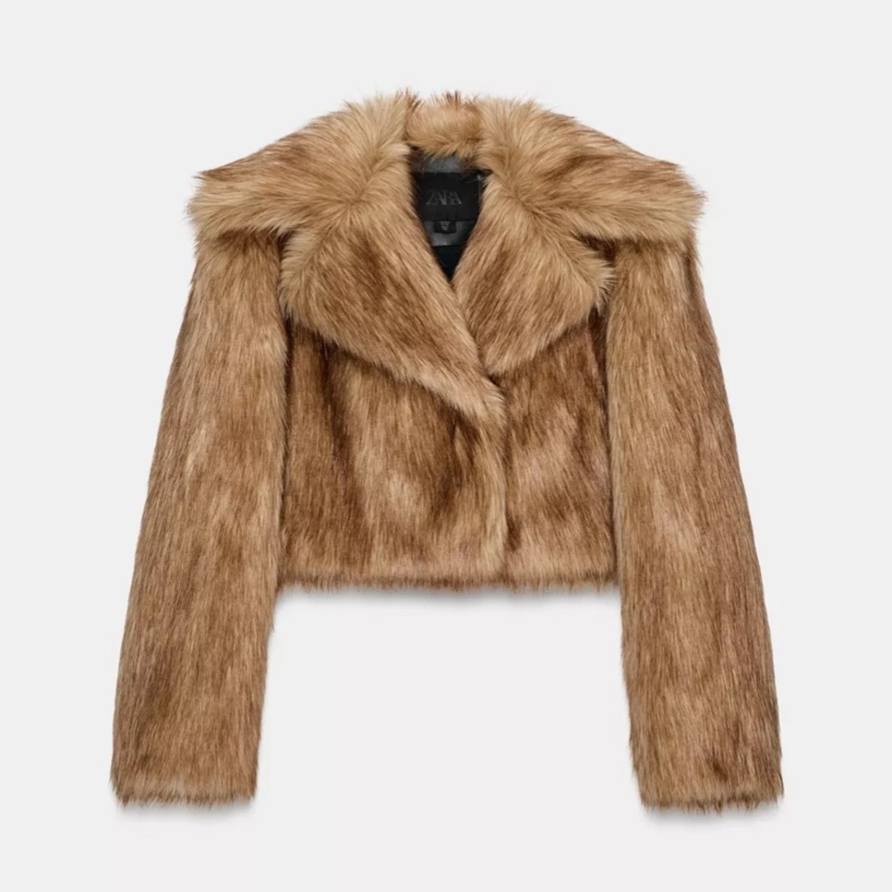 ZW COLLECTION FAUX FUR CROPPED JACKET LARGE BROWN BEIGE COAT 3945/243 TAN - Picture 2 of 9